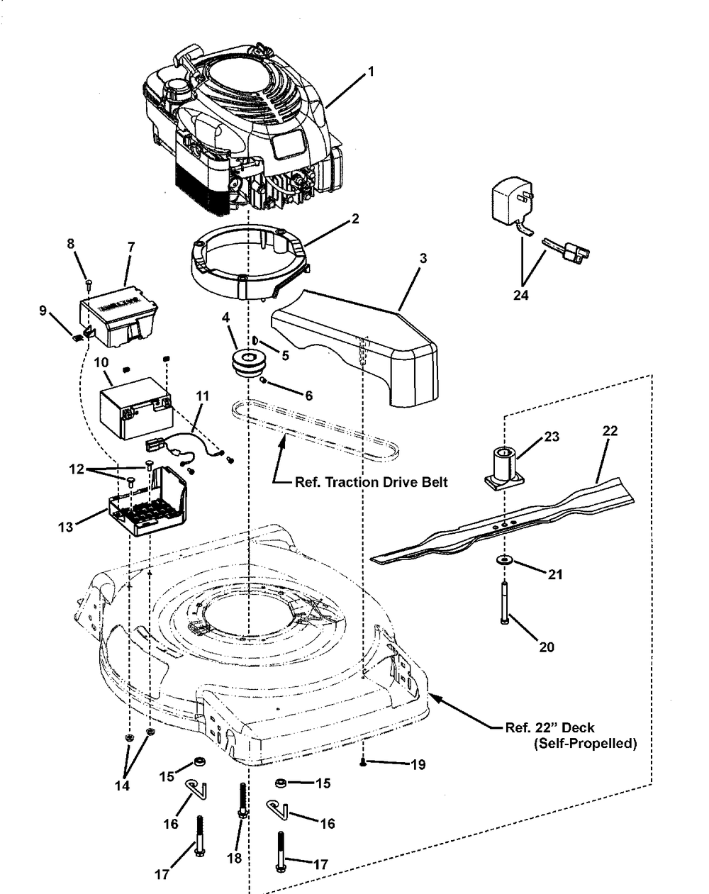 Engine And Blade Assembly Diagram and Parts List for 7800510-BTPV22675E 2009 Briggs and Stratton Lawn Mower